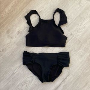 2 Piece Black High Top Bikini Top Bathing Suite with Ruffles